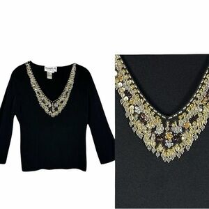 Joseph A Women’s Elegant Black V-Neck Jeweled 3/4 Sleeve Knit Sweater Size Large